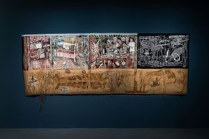 Ipeh Nur, _Manuscript: The Body and Journey_ (2023). Natural pigment on canvas. 160 x 500cm. Exhibition view: Taipei Biennial 2023: _Small World_ (18 November 2023–24 March 2024). Courtesy Taipei Fine Arts Museum.